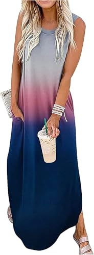 Cuptacc Damen Kleider Sommer Sommerkleid Ärmellos Lang Einfarbiges Strandkleid mit Taschen Grau Lila Gradient,Groß L 42-44
