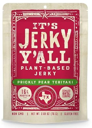 It’s Jerky Y’all Prickly Pear Teriyaki Plant Based Jerky, Vegan Soy Jerky with Prickly Pear, Teriyaki & Ginger, High Protein Snack from Texas, Gluten Free, Non-GMO, Vegan, Plant-Based Meat Alternative