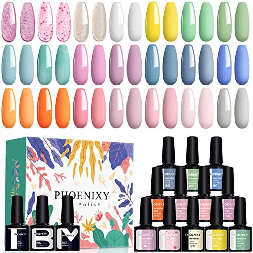 Phoenixy 21 Colores Pintauñas Semipermanentes 24PCS Esmaltes Semipermanentes para Uñas con Azul Verde Amarillo Kit Uñas Semipermanentes con Base Top Coat Brillante y Mate