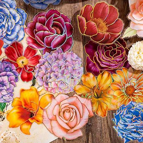 80 Pcs Large Flower Stickers with Gold Outlines,Vibrant Colors,Large Size,Waterproof,Decor Scrapbook Junk Journal Bullet Journals Planners Laptops Water Bottles Collage Album Paper Crafts (Gold)