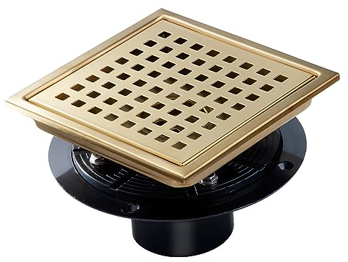 SaniteModar Drenaje de Ducha, desagüe Cuadrado de Piso de Ducha de 6 Pulgadas con Brida, Panel de Rejilla extraíble Sus 304, Drenaje de Ducha Cuadrado de Acero Inoxidable, Dorado Cepillado