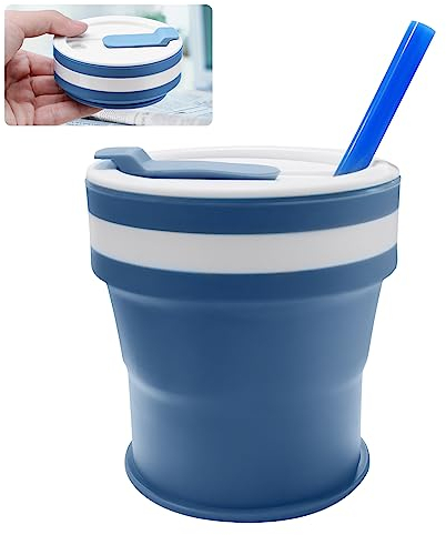 RZMZBY 350 ml Faltbarer Kaffeebecher,Coffee to go Becher Faltbar Silikon Wasserbecher mit Stroh,Deckel Leichter Mehrweg Coffee Cup Auslaufsicherer Travel Mug Faltbecher Blau