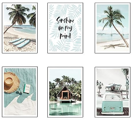 Set mit 6 Holzbildern, Dekoration für modernes Wohnzimmer, Schlafzimmer, Zimmer, Landschaft, Strand, Natur mit Metallaufhängern (29 x 20 cm je Bild)
