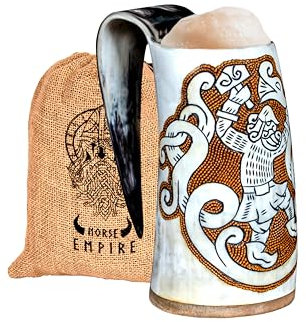 NORSE EMPIRE Premium Viking Drinking Horn Mug for Ale Beer Cold Drink Special Edition Ragnarok with Detailed Medieval Norse Drinking Mugs For Vikings Natural Shine Polished 15-20 Oz