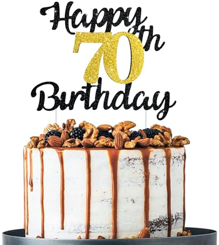 BEISHIDA Geburtstag Kuchen Topper 70th Happy Birthday Cake Topper Schwarz Gold Glitzer Geburtstag Kuchen Dekoration 70 Geburtstag Dekorationen für Männer Frauen für 70 Geburtstag Party Supplies
