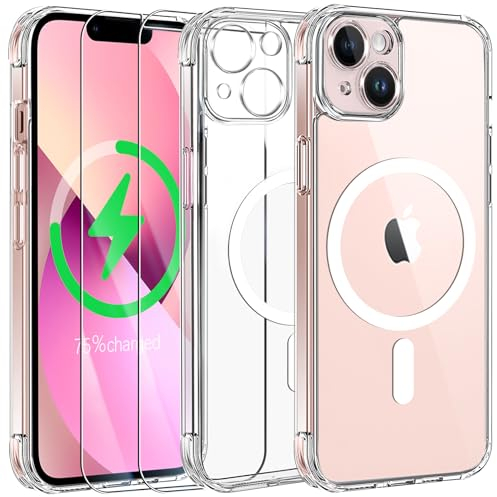 Qasyfanc Coque Magnétique Compatible avec iPhone 13 et Protection Caméra, Coque iPhone 13 Mince et 2 Pièces Verre Trempé [Protection Militaire] Antichoc Dos Anti Rayures, Transparent