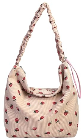 GSenhui Cord Umhängetasche Hobo Handtasche Damen Klein Achseltasche Corduroy Shoulder Bag Tote Umhängebeutel Schultertasche Frauen Erdbeere Bedruckte