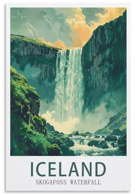 LNUYITR Island-Skogafoss Wasserfall-Vintage-Reiseposter 20 x 30 cm, Leinwandkunst-Poster und Wandkunst, Bilddrucke, modernes Heim-Schlafzimmer, Dekor-Poster
