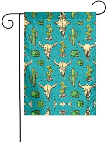 Süße Kaktus und Totenkopf des Stiers Gartenflaggen für draußen - Willkommensflagge, kleine Gartenflagge, doppelseitige 30,5 x 45,7 cm Rasenflagge
