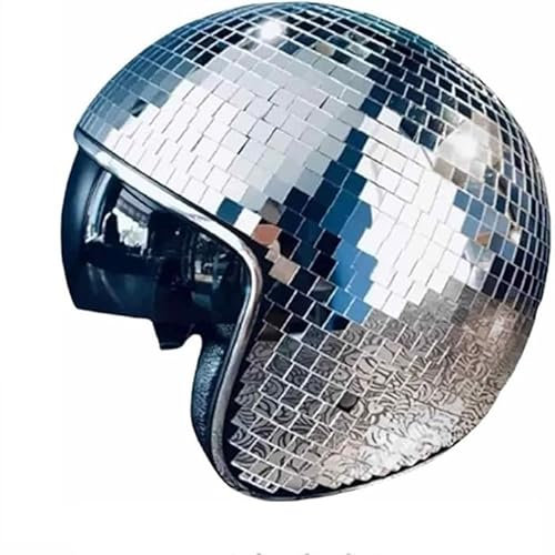Bivwopei Disco Ball Helmet,Disco Ball Hat,Mirror Glitter Ball Helmets,With Retractable Visor,for DJ Party (Silver)