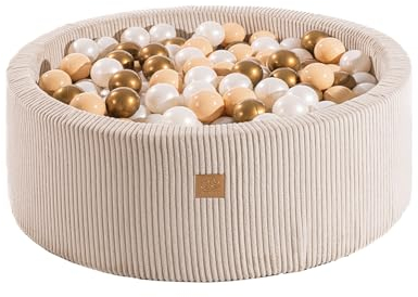 MEOWBABY Piscina de Bolas 90x30cm/200 Bolas para Bébé, Redonda, Pana, Crudo: Blanco Perla/Dorado/Beige