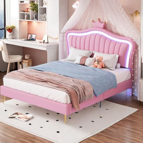 Letto Matrimoniale con contenitore 140 x 200 cm con LED, letto imbottito on spazio di archiviazione, letto matrimoniale con rete a doghe, Testiera Regolabile, rosa