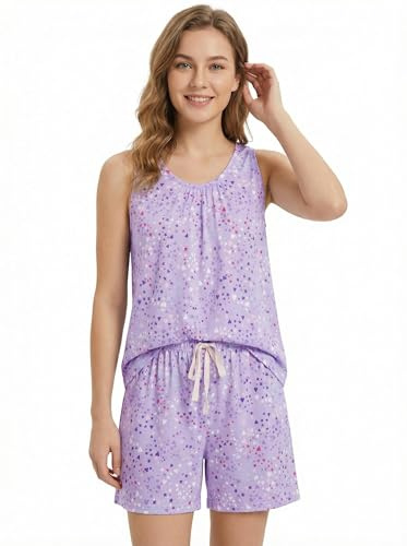 CHUNG Women's Short Pajama Set Cotton Tank Tee Top Pjs Shorts Cute Animals Print Summer Plus Size Lilac Heart, 2XL