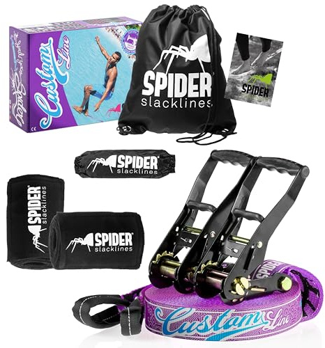 SPIDER SLACKLINE TKSA3 - Custom Slackline Kit erfahrene Slackliner oder Einsteiger - Komplettset Gurtband Länge 25m mit 2X Ratschen