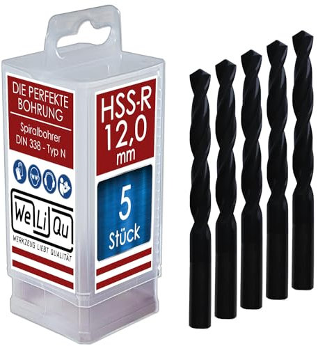 WELIQU 5 Stück HSS-R Spiralbohrer Ø 12,0 mm, rollgewalzte Metallbohrer für Stahl, Alu, Messing, NE Metall, Guss, PVC
