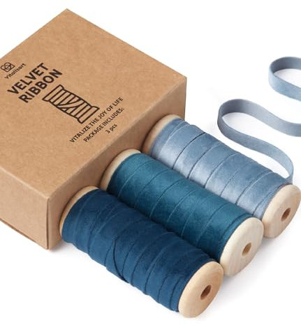 Vitalizart Velvet Ribbon Set 3/8 x 5Yd x 3 Rolls Blue Series, Wooden Spool, Fabric Trim for Christmas Wreath Decoration, Handmade Craft, Ornaments, Gift Wrapping & Bow Making