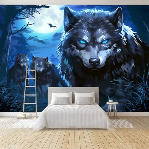 Papier Peint Mural Salon Lune Nuit Animal Loup 200x140 cm Papier Peint Panoramique Intissé Moderne, Décoration Murale Poster Tableaux Muraux Imprimé 3D Tapisserie Photo