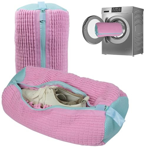 Aluusy Schuhwaschbeutel Waschmaschine 2 Stück Wäschesack Schuhe Groβ mit 360° Reinigung Flaum, Wiederverwendbarer Waschbeutel Schuhe Waschmaschine mit Reißverschluss für Sneaker (Rosa)