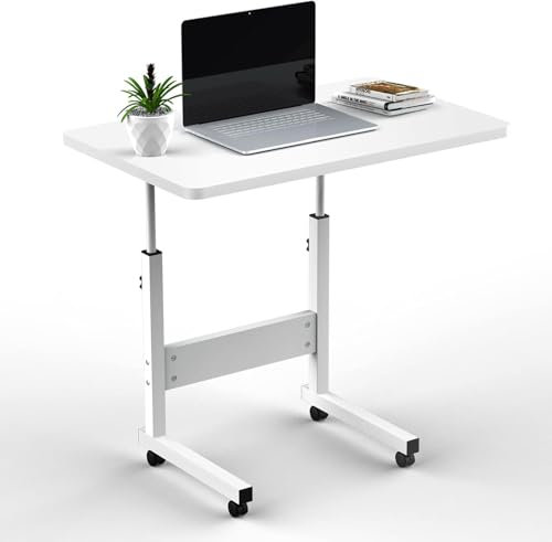 EXSELTMAN Mesa portatil Ordenador Escritorio con Ruedas, 80x40 cm Mesa Auxiliar Ajustable en Altura 69-90 cm, Mesa de Ordenador Portati, para Cama o Sofá, Arce Blanco
