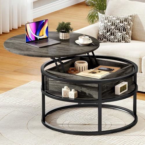 DWVO Couchtische für Wohnzimmer, runder Couchtisch, Couchtisch mit Ablagefläche und verstecktem Fach, rustikaler Couchtisch, Kleiner runder Couchtisch, Holz-Mitteltisch, rustikales