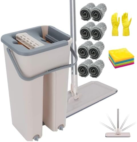 SWISSPACK Floor Mop and Bucket Set − Easy and Simple Squeeze Mop Bucket, Flat Mop with 6-Pack Replacement Machine Washable Microfibre Mop Pads for All Floors Types (Beige 8 Pads Bundle)