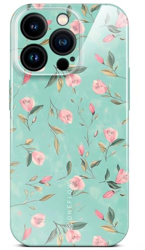 ONEFLOW Flower Cover für iPhone 15 Pro Hülle in Floral Optik, Blumen Designer Case Handy Schutzhülle mit Kameraschutz, Hardcase dünne Handyhülle Blumenmuster, Mintgrün