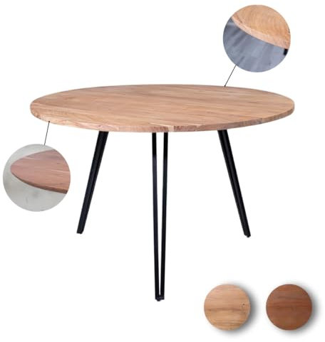 Loreno | Esstisch Akazienholz | Verschiedene Größen (110cm - 130cm) | Verschiedene Kanten (gerade oder schweizer Kante) | naturfarben/nussbaumfarben | Dreibein Gestell schwarz | 26mm dicke Tischplatte