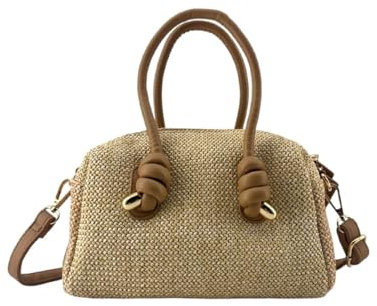 MODELISA - Bolso De Mano Y Hombro Pequeño Rafia Paja Estilo Casual Cierre Con Cremallera Mujer (Camel)