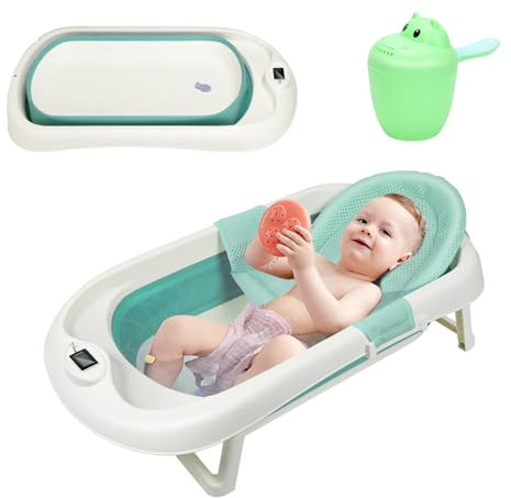 Ollewiellan Bañera para bebé plegable, 3 en 1 con sensor de temperatura, alfombrilla de baño, vaso para lavar el pelo del bebé, bañera ergonómica portátil para bebés de 0 a 6 años, verde