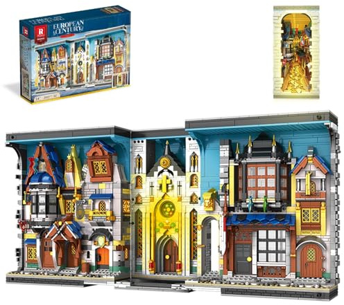 Reobrix Mittelalterliche Architektur Buchstütze Bausatz 66026 mit Licht, Straßenansicht aus dem europäischen Jahrhundert DIY-Bücherregal-Bausteinsatz für die Heimdekoration, Hausmodell für Erwachsene
