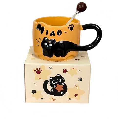 Set di 4 tazze da caffè impilabili in ceramica con disegni unici, 370 ml, divertenti tazze da tè a forma di animale con cucchiaio (arancione)