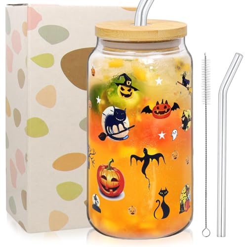 Capgoost Tazza Halloween, 500 ML Bicchieri Halloween Vetro, Tazze halloween con Cannuccia e Coperchio, Tazza Autunno con Motivo a Zucca Fantasma Bicchiere per Cocktail, Latte Succhi, Caffè Ghiaccio