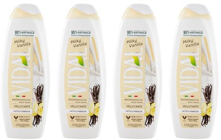 Vidal Bagnodoccia Milky Vanilla, Latte e Vaniglia, Set 4 Flaconi da 500ml, 95% Naturale