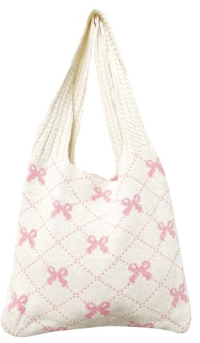 JSTHHTT Sacs à Bandoulière, Sacs Tissée Décontractée pour Femmes, Vintage Sac à Main, Sac à Bandoulière de Plage, pour Voyage Vacances Plage (Noeud Rose)
