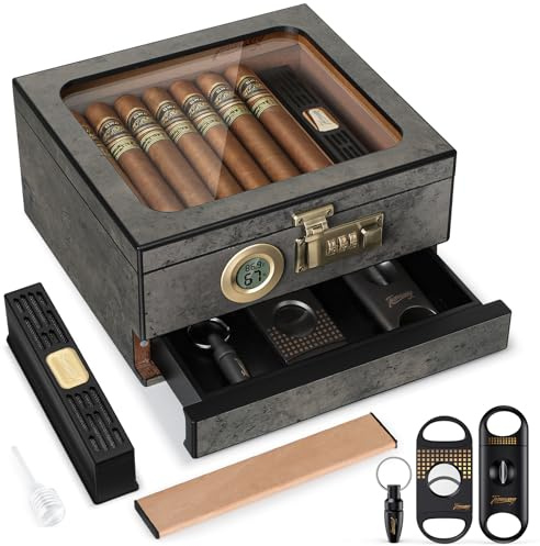 Tesonway Zigarren-Humidor, Zedernholz-Humidor, Zigarren-Box, Glasplatte, Schreibtisch-Humidor mit digitalem Thermo-Hygrometer, Luftbefeuchter, Trennwand, Zubehörschublade und Zahlenschloss