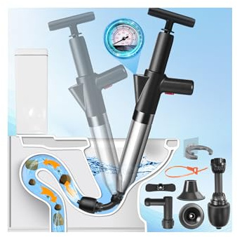 Hochdruck Abflussreiniger Pumpe mit Luftdruckanzeige, Rohrreiniger Druckluft mit 4 Saugnäpfen, Schwarz Toiletten Pömpel für Waschbecken, Toiletten, Badezimmer, Dusche, Küche