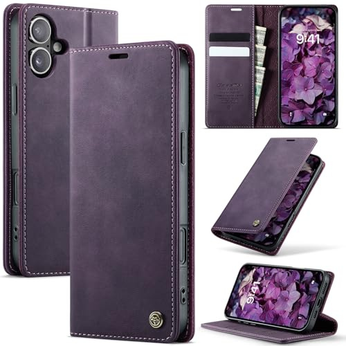 Cracedily Handyhülle für iPhone 16 Hülle Premium PU Leder Klappbar Stoßfeste Tasche Flip Case [RFID Blocker] Magnet Kartenfach Standfunktion Klapphülle Schutzhülle für iPhone 16, Lila