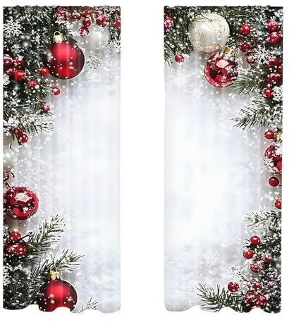 BommFu 2 Stück Weihnachtsgardinen Für Schlafzimmer - 2D-Gedruckte Mit Schneeflocken & Kiefernzweig