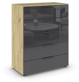 Rauch Möbel Flipp, Kommode, Farbe Glas Basalt/Eiche Artisan, Breite 80 cm | Sideboard, 5 Schubladen, Soft-Close-Funktion, für Schlafzimmer, Gästezimmer, Wohnzimmer, Garderobe, Flur