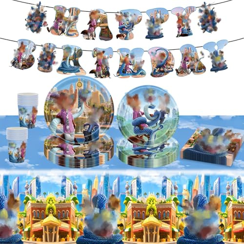 Tier Geburtstagsdeko Set, 52 Stück Anime Birthday Decorations mit Banner Servietten Teller Tischdecke für Geburtstag Party Deko