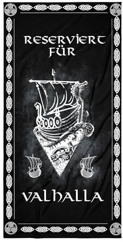 TinyTami Viking Handtuch Reserviert für Valhalla 182 x 91 cm Badelaken mit Wikinger Schiffen und Keltischem Rahmen weich und flauschig bedrucktes Strandtuch