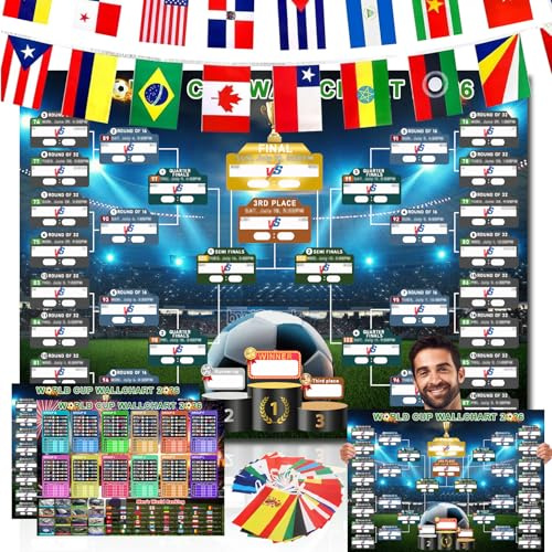 Drezesov 2026 Fußball WM Spielplan Poster Set und Fahnen Wimpelkette, 10m Doppelseitig Flagge und 2 Stück Groß Fussball Planer Geschenk für Fans, Familie und Freunde（A2,60x42 cm）