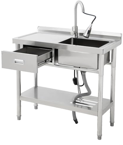 Edelstahl Spülbecken freistehend, Arbeitstisch & Schublade links, Armatur | Warm- & Kaltwasser, Ausziehbarer Wasserhahn, Rostfrei, Stauraum, Inklusive Siphon, Robust, Für Werkstatt & Keller, Inox