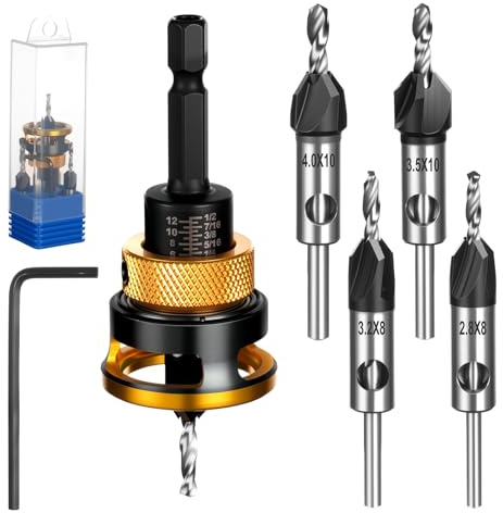 NUTKIT Juego de 6 Broca Avellanadora para Madera con Tope de Profundidad | Diámetro 2.8/3.2/3.5/4 mm,con Llave Hexagonal y Vástago de Broca de 1/4 de Pulgada,para Carpintería y Bricolaje(Oro)
