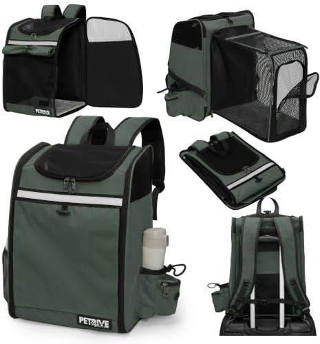 PETRIVE Haustier Rucksack für Katzen und kleine Hunde, erweiterbar, faltbar, mit verstärktem Netz und stabilem Boden, Leichter Transport-Rucksack für Reisen, Spaziergänge und Tierarztbesuche (Grün)