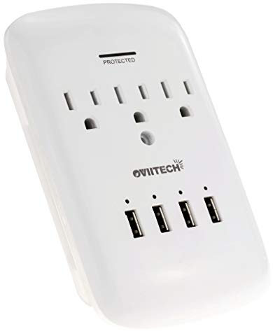 Oviitech 3 Outlet Wall Mount Surge Protector with 4 (4.2 AMP) USB Charging Ports,3 AC Socket Outlet Plugs Adapter,White,ETL Certified.