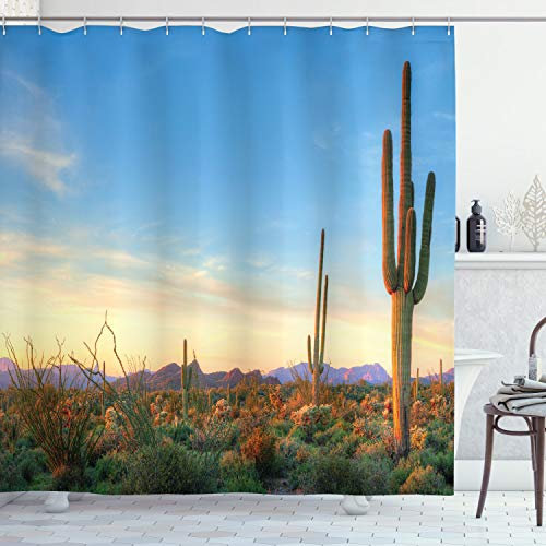 ABAKUHAUS Wüste Duschvorhang, Sonoran Desert Sunset, Stoffliches Gewebe Badezimmerdekorationsset mit Haken, 175 x 180 cm, Grün Orange Hellblau