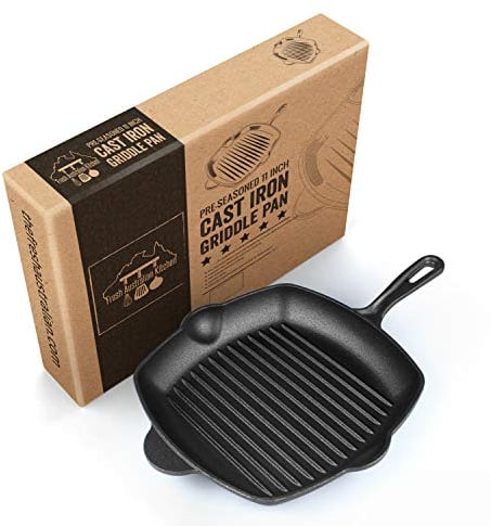 FRESH AUSTRALIAN KITCHEN Ribbed Cast Iron Griddle Skillet Frying Pan 30cm (12 Inch). Oven Safe. Perfect for Stove Top, Camping and Barbecue.