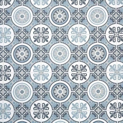 Moroccan Tile Design Cushion Vinyl Flooring Sheet White Grey & Blue Patterned Non Slip Lino Conservatory Kitchen Bathroom Floor (Tangier 09, 2m x 2m)