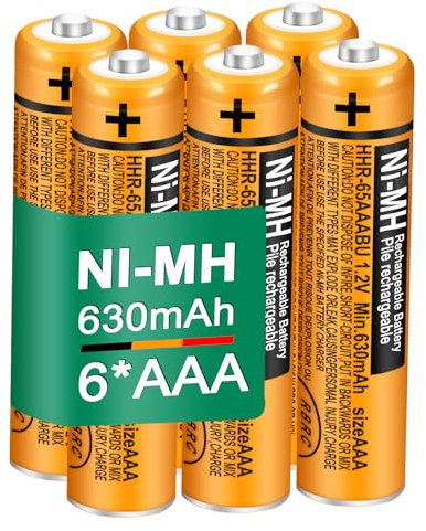 6 Pack HHR-65AAABU NI-MH Rechargeable Batteries 1.2V 630mAh AAA Battery for Panasonic Cordless Telephone Batteries